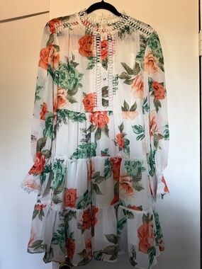 Chicwish White Floral Long Sleeve Tiered Mini Dress with Green and Coral Roses